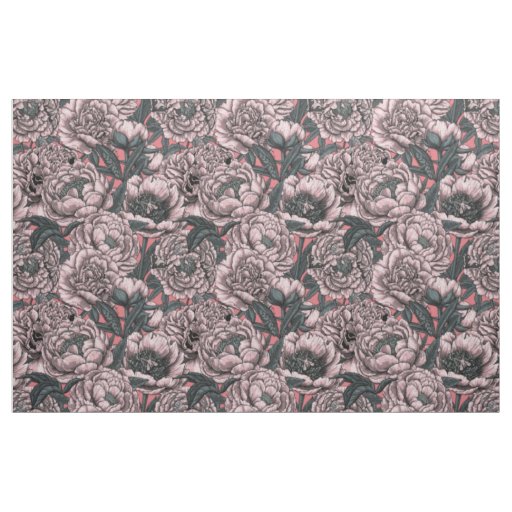Pink peony flowers and moths fabric