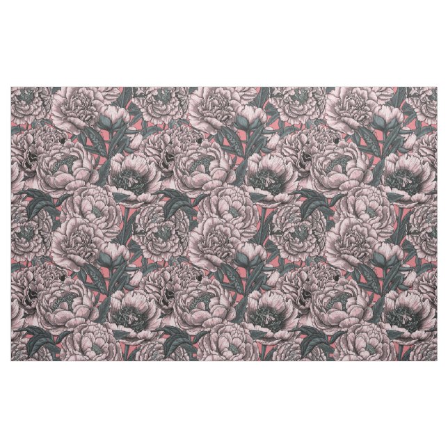 Pink peony flowers and moths fabric (Fat Quarter)