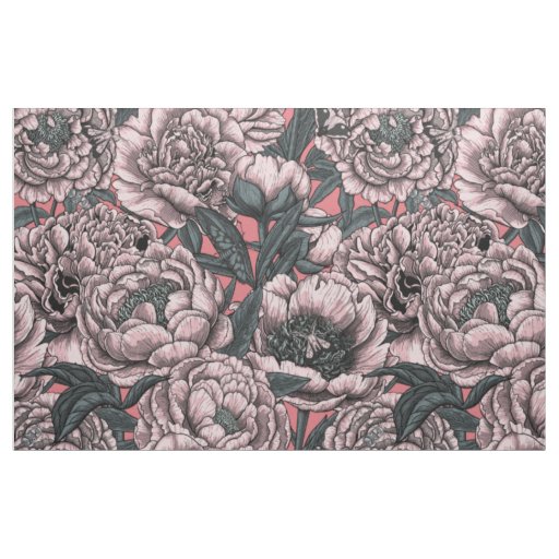 Pink peony flowers and moths fabric