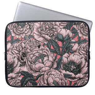 Pink peony flowers and moths laptop sleeve