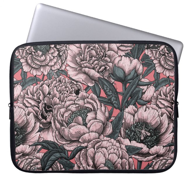 Pink peony flowers and moths laptop sleeve (Front)