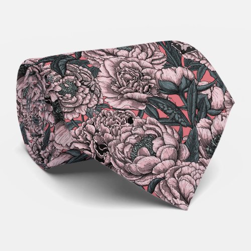 Pink peony flowers and moths neck tie