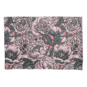 Pink peony flowers and moths pillow case