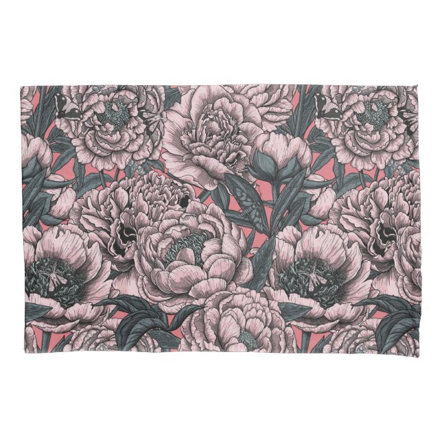 Pink peony flowers and moths pillow case (Front-Left)