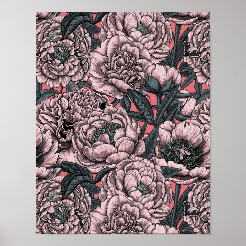 Pink peony flowers and moths poster