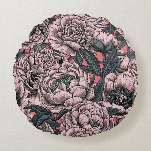 Pink peony flowers and moths round pillow (Front)