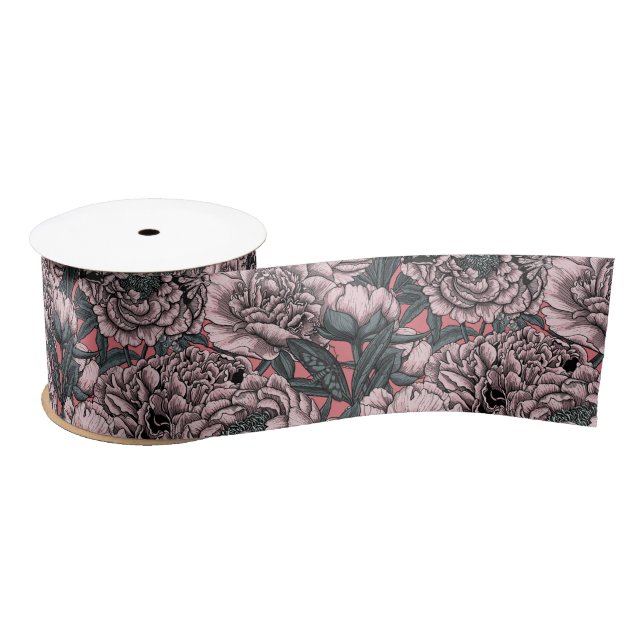 Pink peony flowers and moths satin ribbon (Spool)