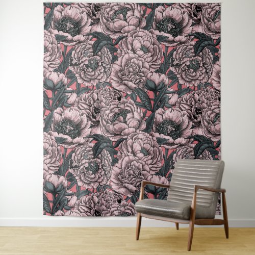 Pink peony flowers and moths tapestry