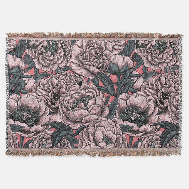 Pink peony flowers and moths throw blanket (Front)