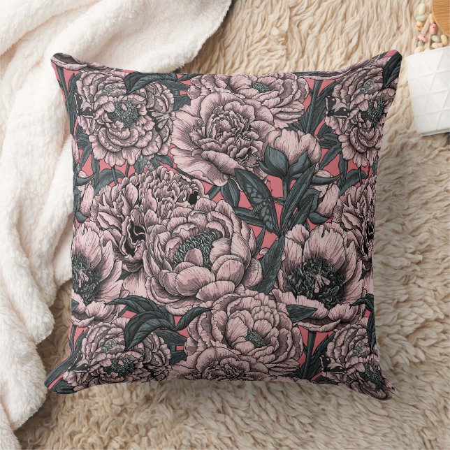 Pink peony flowers and moths throw pillow (Blanket)