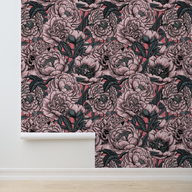 Pink peony flowers and moths wallpaper  (Application)