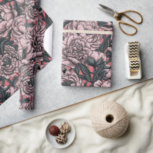 Pink peony flowers and moths wrapping paper
