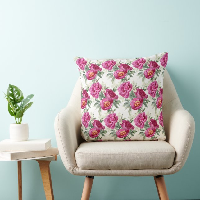 Pink Peony Flowers Bouquet Throw Pillow (Chair)