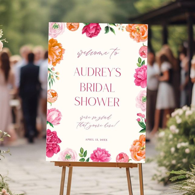 Pink Peony Flowers Bridal Shower Welcome Sign Pink (Creator Uploaded)