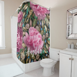 Pink Peony Flowers Custom Name Shower Curtain