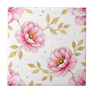 Pink Peony Flowers Golden Leaves Pattern Ceramic Tile