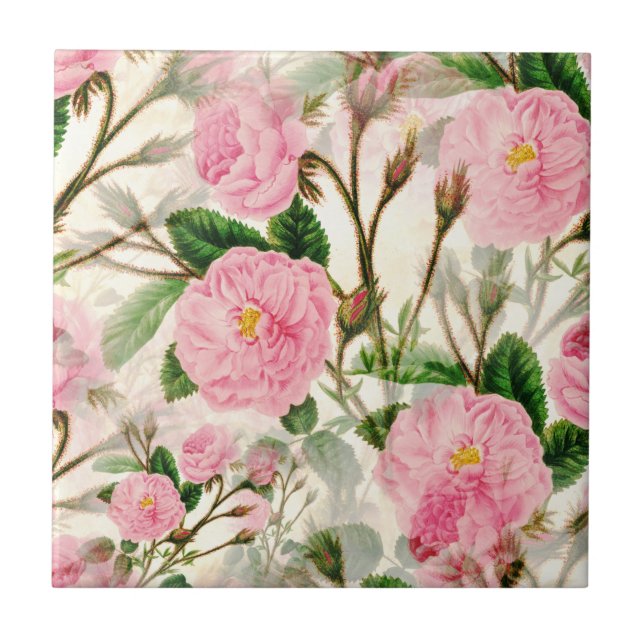 Pink Peony Flowers, Leaves & Buds Pattern  Ceramic Tile (Front)