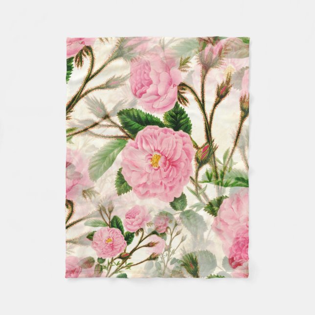 Pink Peony Flowers, Leaves & Buds Pattern  Fleece Blanket (Front)