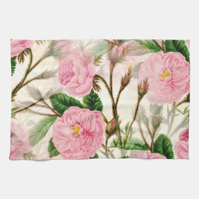 Pink Peony Flowers, Leaves & Buds Pattern  Kitchen Towel (Horizontal)