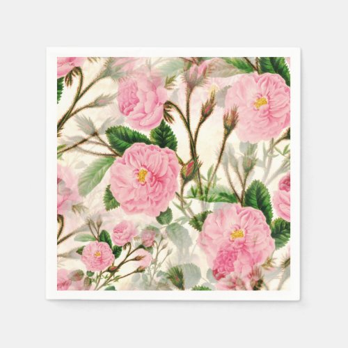 Pink Peony Flowers Leaves  Buds Pattern  Napkins