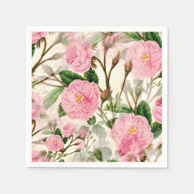 Pink Peony Flowers, Leaves & Buds Pattern  Napkins (Front)