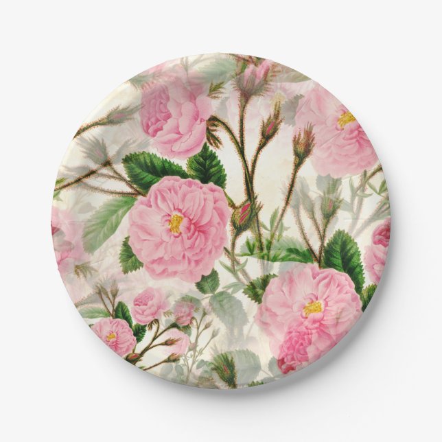 Pink Peony Flowers, Leaves & Buds Pattern  Paper Plates (Front)
