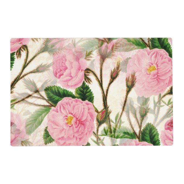 Pink Peony Flowers, Leaves & Buds Pattern  Placemat (Front)