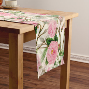 Pink Peony Flowers, Leaves & Buds Pattern Short Table Runner
