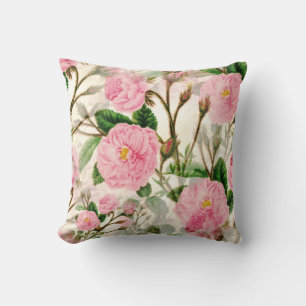 Pink Peony Flowers, Leaves & Buds Pattern Throw Pillow
