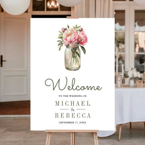 Pink Peony Flowers Mason Jar Wedding Welcome Sign