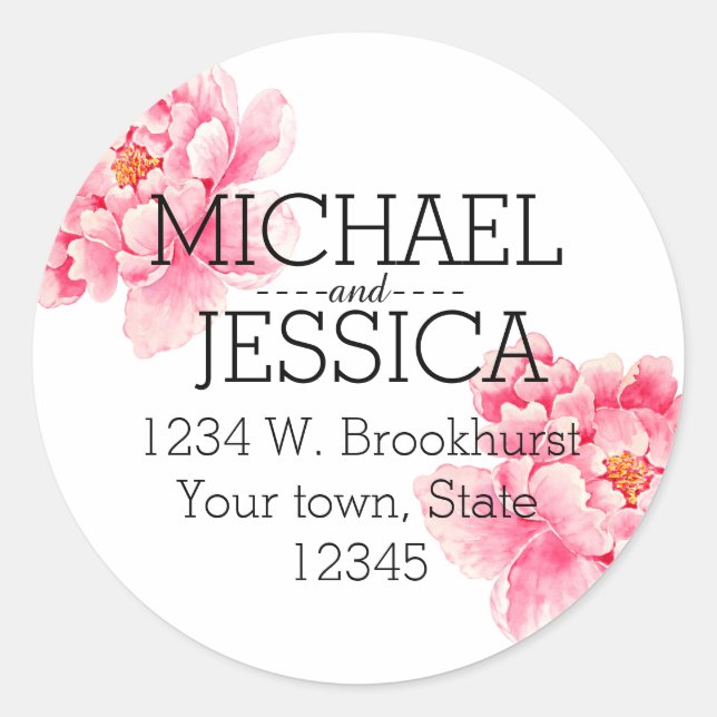 Pink Peony Flowers Personalized address Classic Round Sticker (Front)