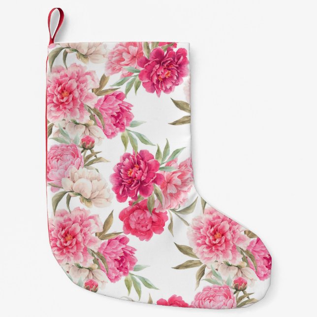 Pink peony flowers seamless pattern small christmas stocking (Front)