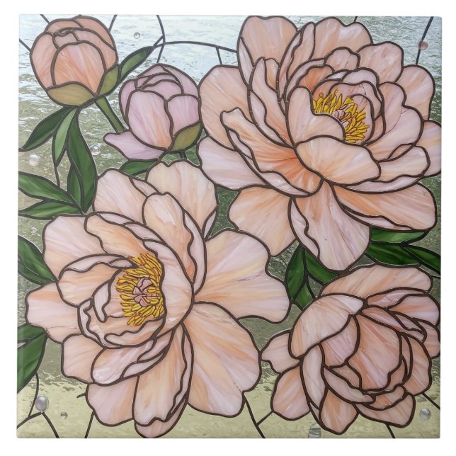 Pink Peony Flowers Stained Glass Effect Ceramic Tile (Front)