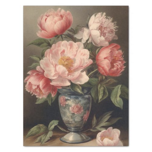 Pink Peony Flowers Vase Decoupage Bouquet Vintage  Tissue Paper