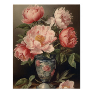 Pink Peony Flowers Vase Floral Bouquet Vintage Poster