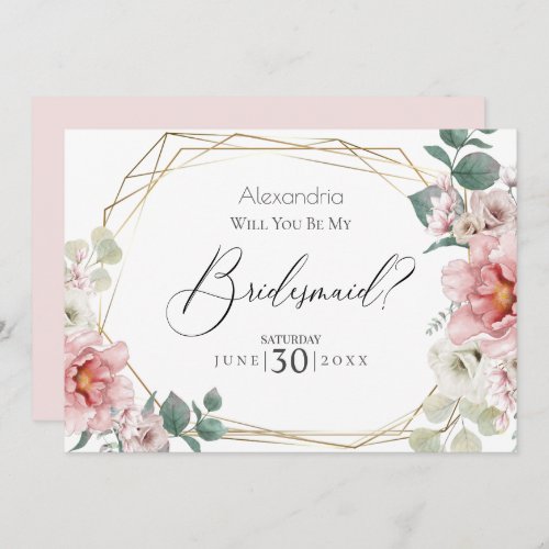 Pink Peony Flowers Will You Be My Bridesmaid Invitation