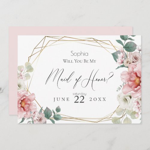 Pink Peony Flowers Will You Be My Maid of Honor Invitation