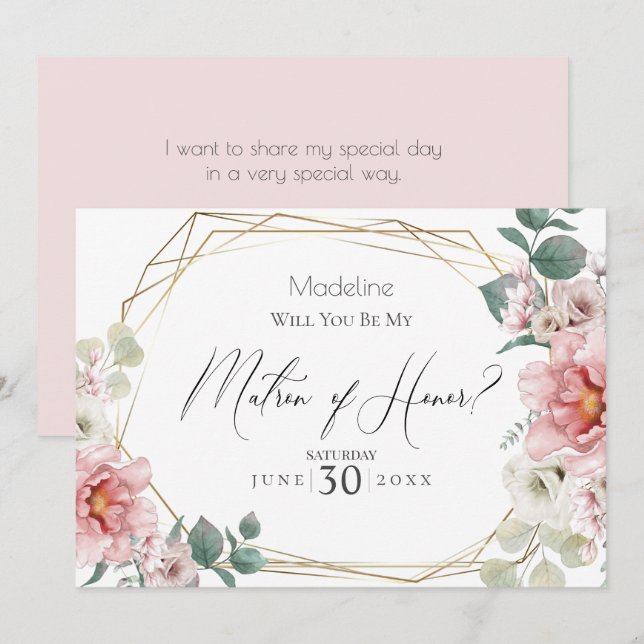 Pink Peony Flowers Will You Be My Matron of Honor Invitation (Front/Back)