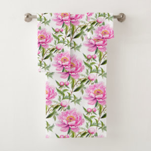 Pink Peony Flowers with Sage Green Leaves Bath Towel Set