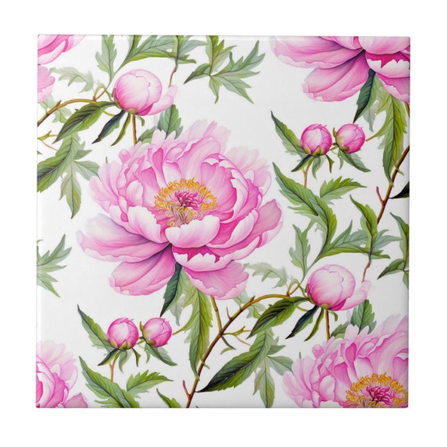 Pink Peony Flowers with Sage Green Leaves Ceramic Tile (Front)