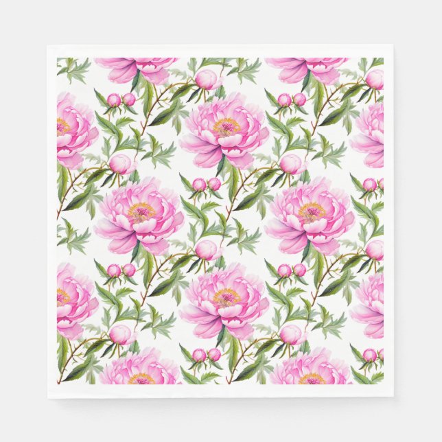 Pink Peony Flowers with Sage Green Leaves Napkins (Front)
