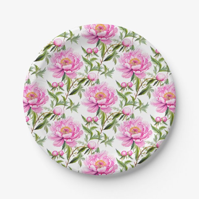 Pink Peony Flowers with Sage Green Leaves Paper Plates (Front)