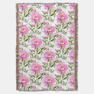 Pink Peony Flowers with Sage Green Leaves Throw Blanket