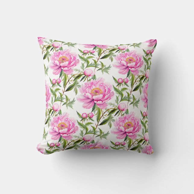 Pink Peony Flowers with Sage Green Leaves Throw Pillow (Front)