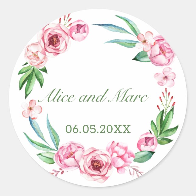 Pink PEONY frame PERSONALIZED Classic Round Sticker (Front)