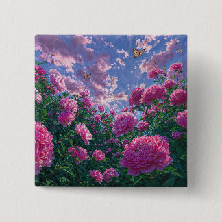 Pink Peony Garden Art with Butterflies Button