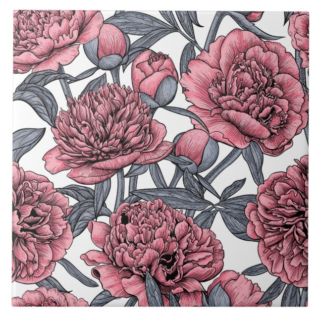 Pink peony garden ceramic tile (Front)