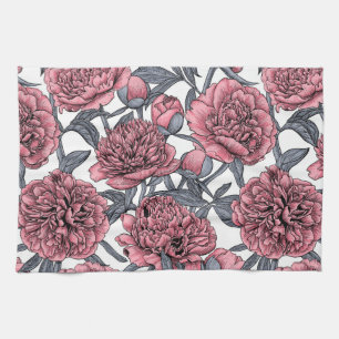 Pink peony garden kitchen towel