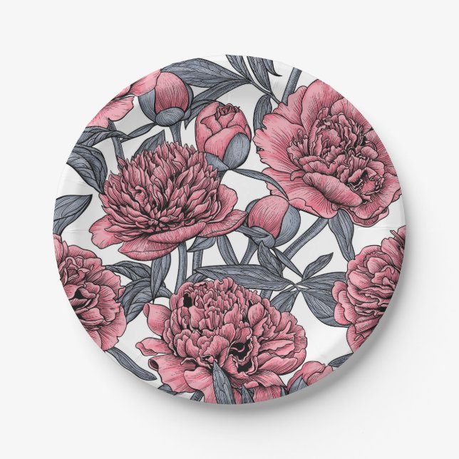 Pink peony garden paper plates (Front)