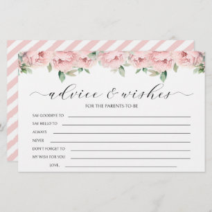 Pink peony girl baby shower advice wishes cards